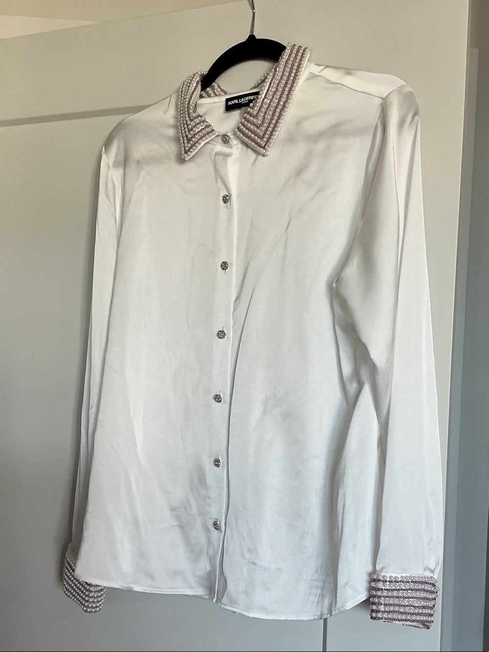 Karl Lagerfeld White Button-Down Shirt with Pearl-Trim Collar & Cuffs